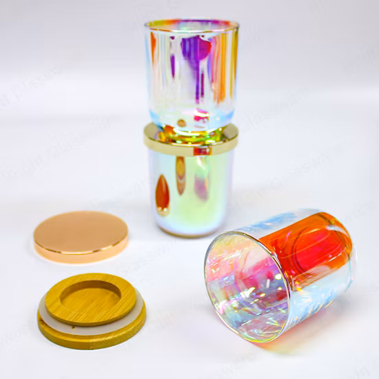 Luxury Iridescent Candle Jar Unique Holographic Glass Candle Holder with Metal Lid